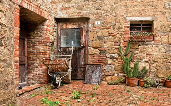 La antigua casa de ladrillo con cactus y camión — Foto de Stock