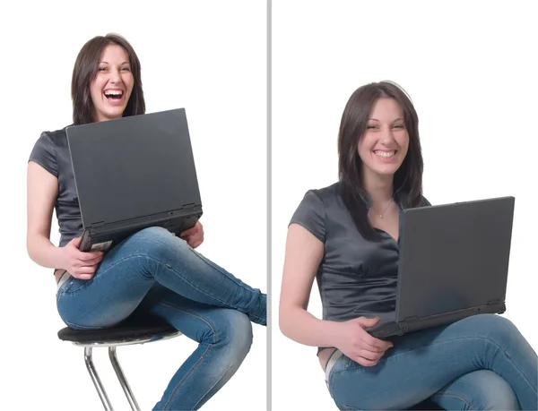 性格开朗的年轻女士，用一台笔记本电脑 — 图库照片