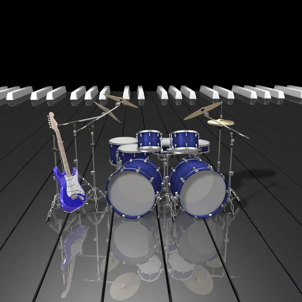 stock image Drum kit and guitar on a piano keys