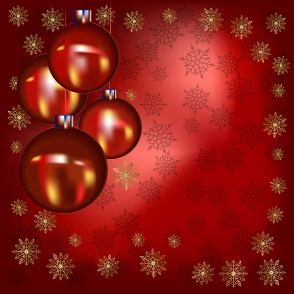 Рождественские шары и золотые снежинки на красном — стоковый вектор