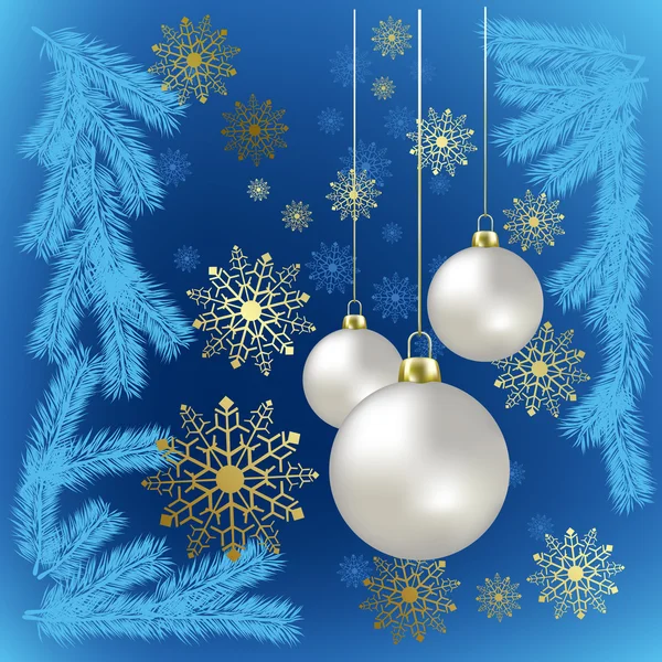 Kerstballen en gouden sneeuwvlokken op een blauwe achtergrond — Stockvector