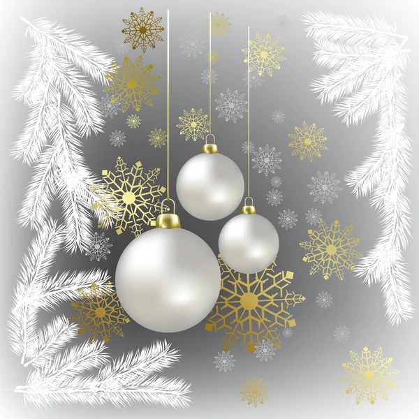 Vánoční koule a zlaté vločky na šedém pozadí — Stockový vektor