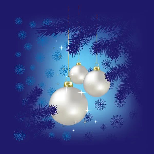 クリスマス ボールと青色の背景に雪 — ストックベクタ
