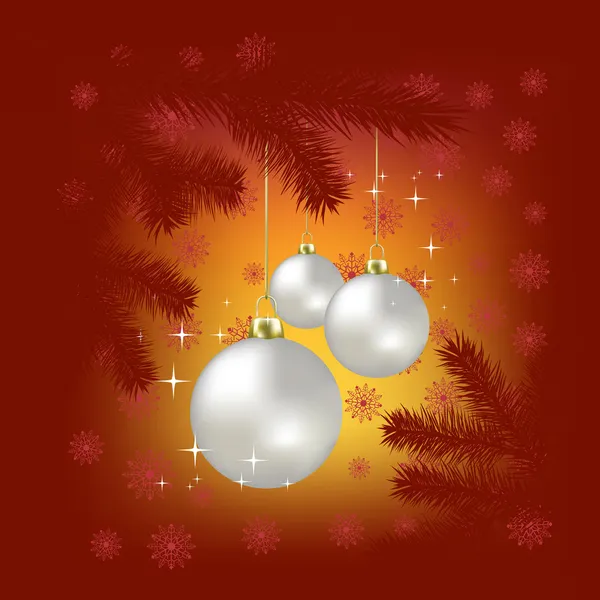 Weihnachtskugeln und Schneeflocken auf rotem Hintergrund — Stockvektor