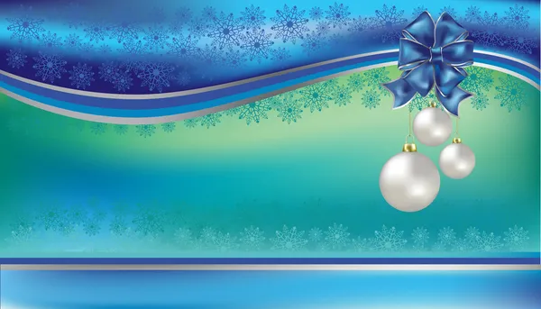 Życzenia bożonarodzeniowe z kokarda niebieski i biały balls — Zdjęcie stockowe