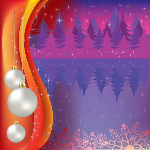 Saludo de Navidad con bolas blancas y bosque púrpura —  Fotos de Stock