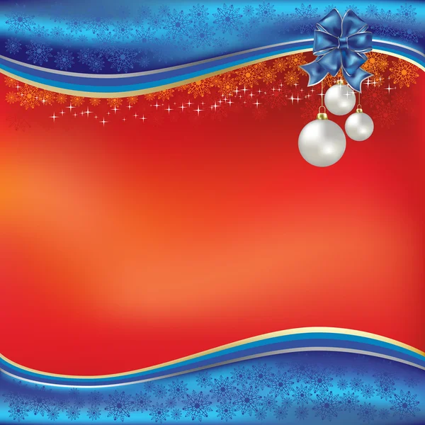 Рождественское красное приветствие с голубым луком и белыми шариками — стоковое фото