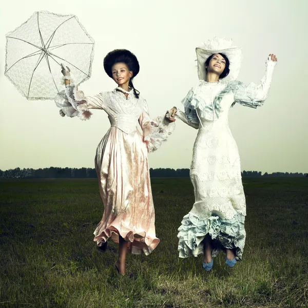 Two woman in vintage dress — Stock Photo, Image