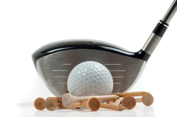 Pilota in metallo con pallina da golf e tee — Foto Stock