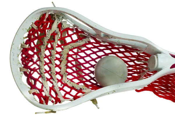 Lacrosse białe głowy z siatki czerwony i szary piłka — Zdjęcie stockowe