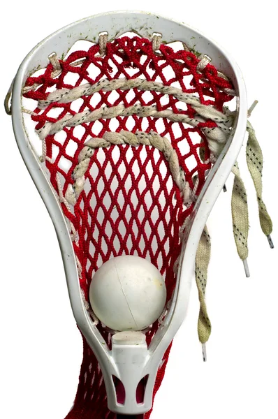 Testa di Lacrosse bianca con meshing rosso e palla grigia — Foto Stock