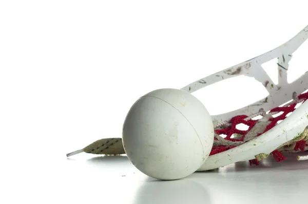 Cabeça de lacrosse branco com malha vermelha e bola cinza Fotografia De Stock