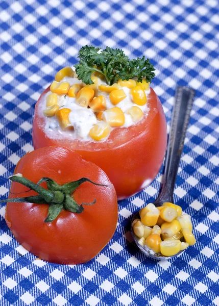 Tomatoes Stuffed with mayonnaise and maize — Stock Photo, Image