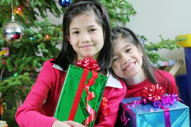 Two sisters with Christmas gifts clipart