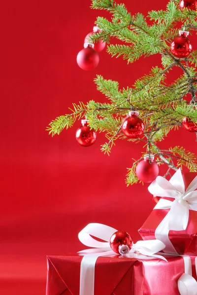 Presentes vermelhos elegantes sob a árvore — Fotografia de Stock