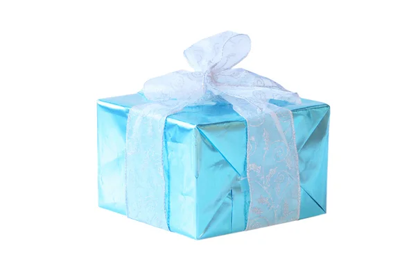 Elegant blue gift with ribbons — Stock Photo, Image