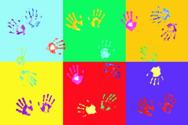 Colorful handprints made by children on bold colorful blocks; clipart