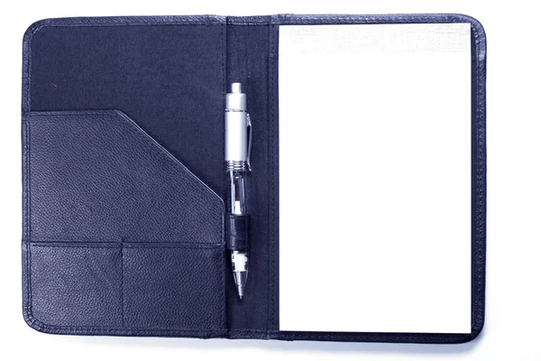 stock image Black leather planner opened with pen