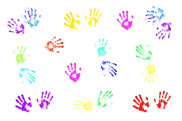 Mãos coloridas feitas por crianças em fundo branco .; — Fotografia de Stock