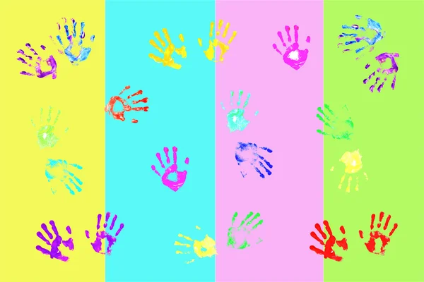 Фактические отпечатки рук, сделанные детьми на красочном фоне — стоковое фото