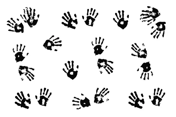 Schwarze Handabdrücke von Kindern auf weißem Hintergrund.; — Stockfoto