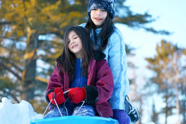 两个女孩雪橇 — 图库照片