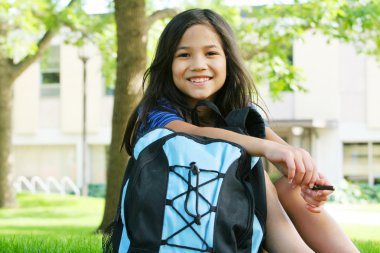 Girl sitting with her backpack in front of school clipart