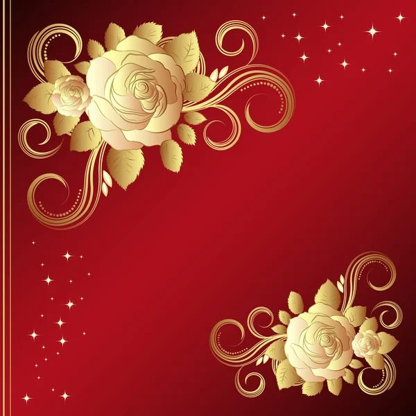 Красный фон с золотыми розами — стоковый вектор