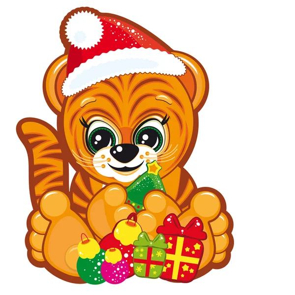 Tigre dans le chapeau de Père Noël — Image vectorielle