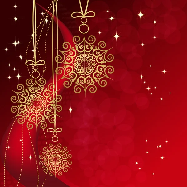 Tarjeta roja con copos de nieve de Navidad, ilustración vectorial — Vector de stock