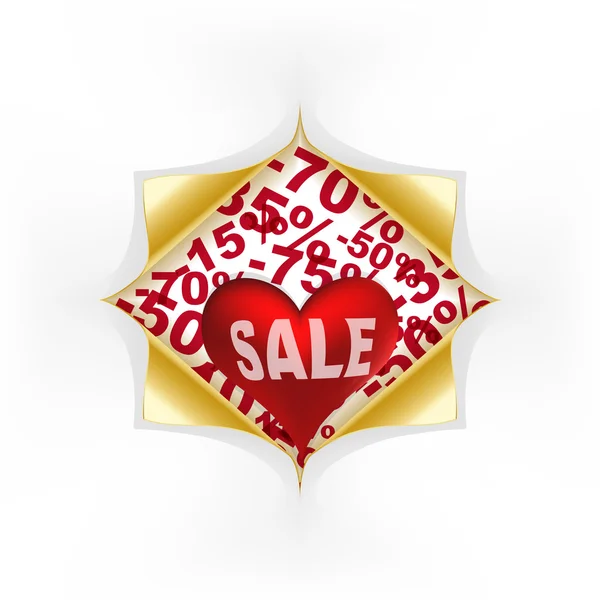 Rosso cuore bianco testo in vendita sotto angoli in oro arricciato — Vettoriale Stock