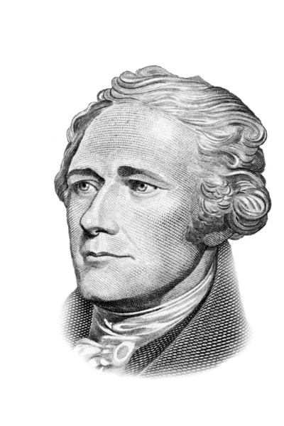 stock image Alexander Hamilton portrait on ten dollars bill. Isolated on whi