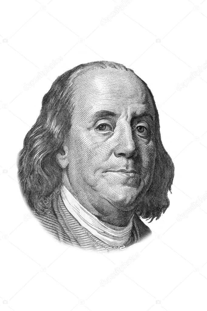 Benjamin Franklin portrait on one hundred dollars bill. Isolated