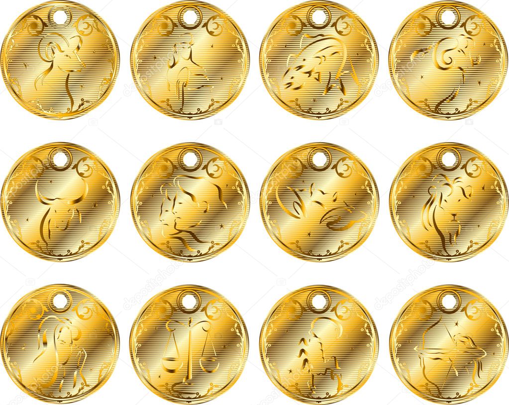 Gold medallions of the zodiac.