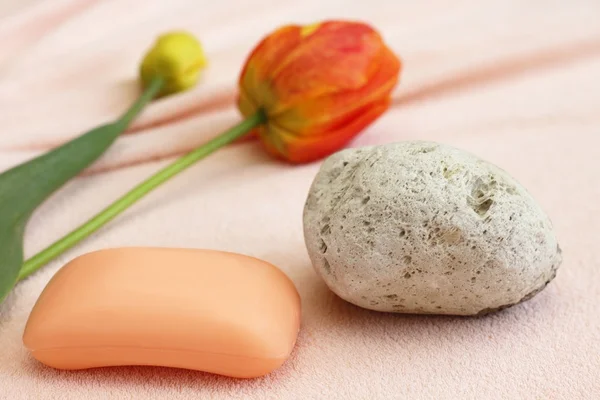 Soap, volcanic pumice stone and tulips — Stock Photo, Image