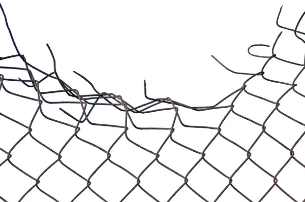 Grynge aged crushed rusty wire security fence isolated — Stock Photo, Image