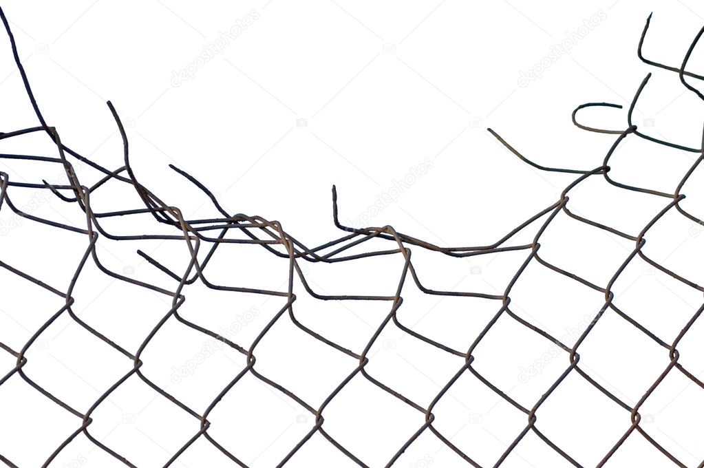Grynge aged crushed rusty wire security fence isolated