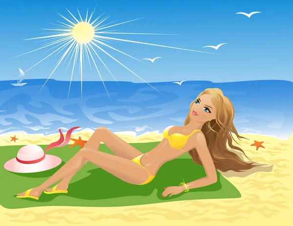 Belle fille sur la plage . — Image vectorielle