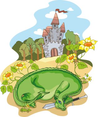 Green dragon with sword clipart