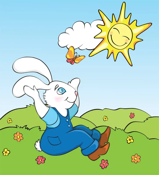 Kaninchen auf Gras mit Blumen — Stockvektor