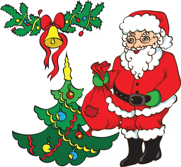 Babbo Natale, albero di Natale e campana . — Vettoriale Stock