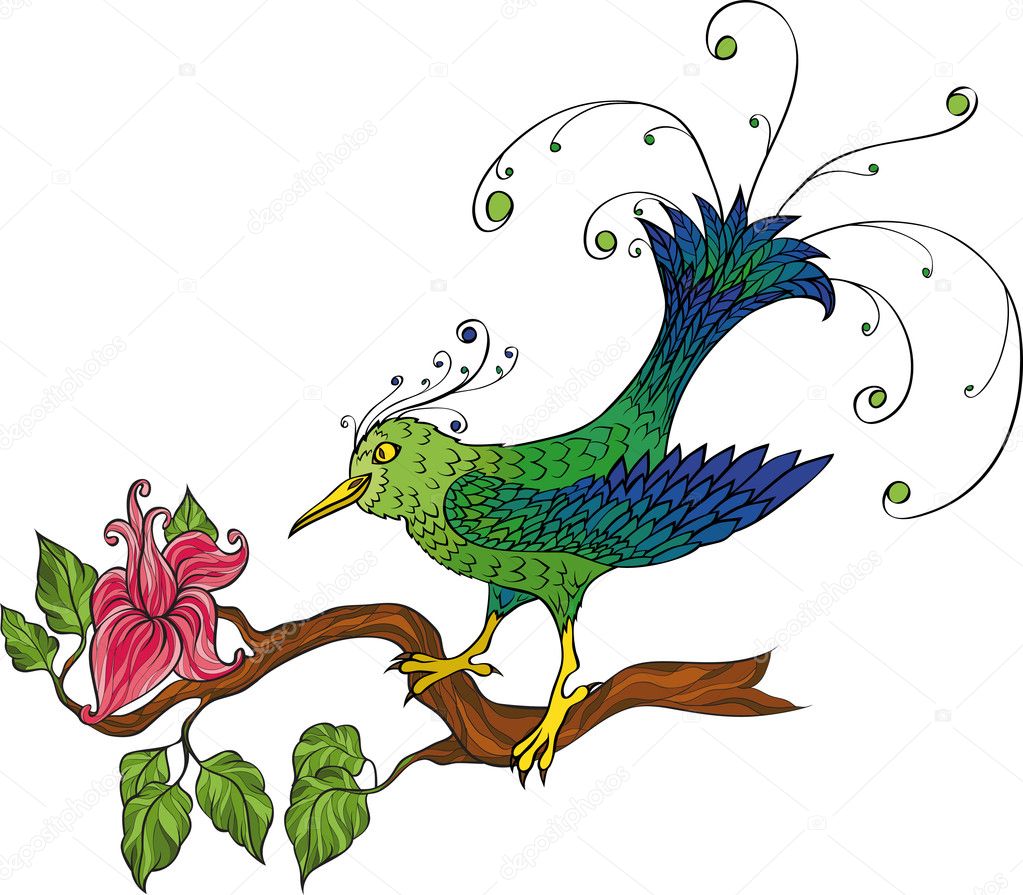 Fantasy bird, branch and pink flower