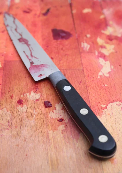 stock image Bloodied knife and Butcher's Block