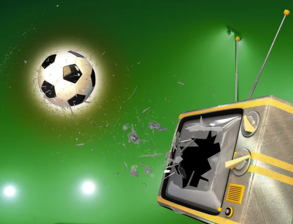 Tv broken by soccer ball — Stock Photo, Image