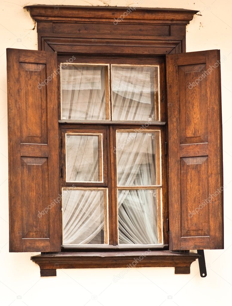 Wood Window Shutters Opened Stock Photo, Vintage Wooden Window Shutters
