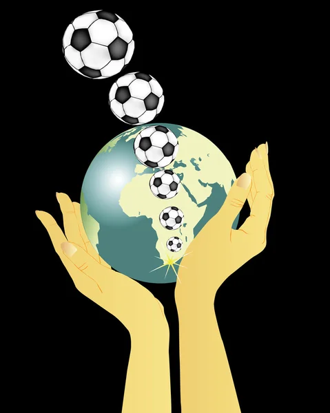 Mani che tengono il globo e volano palloni da calcio — Vettoriale Stock