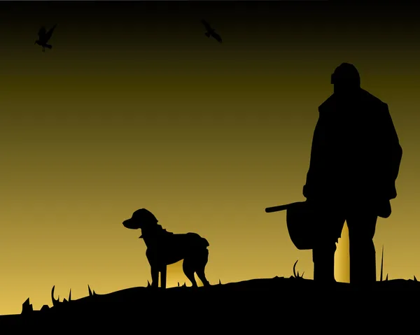 El cazador con un perro sobre un fondo oscuro — Vector de stock