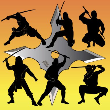 Silhouettes of group of a ninja clipart