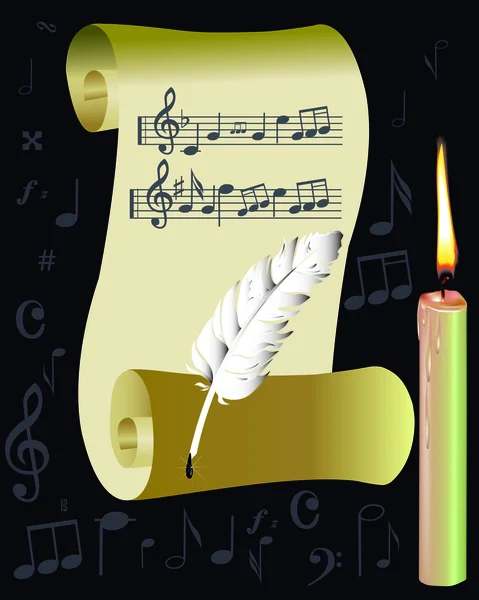 Roll with notes with a feather and a candle — Stock Vector