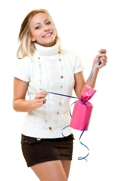 Nice woman holding a present — Stock Photo, Image